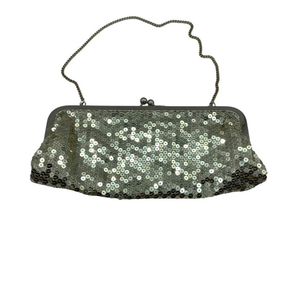 Ann Taylor LOFT Gold Sequin Clutch Purse Chain Strap Kiss Lock Evening Bag - Picture 2 of 6